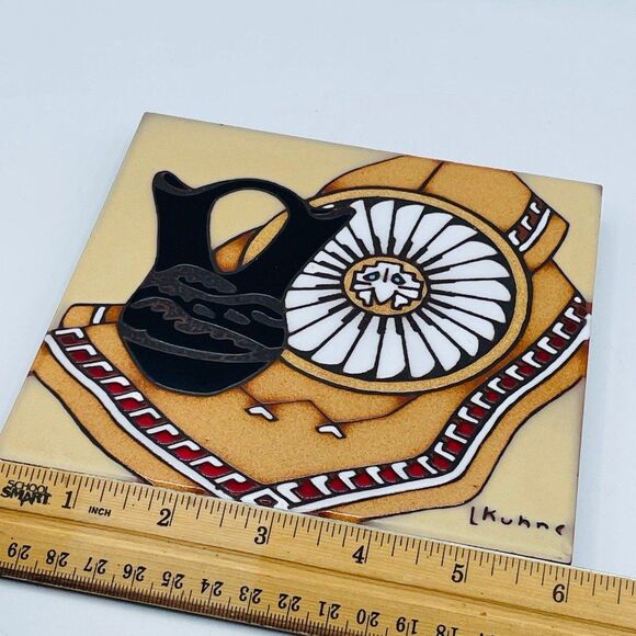 Earth tones Pottery Kachina Square Trivet Southwestern Style Tile L. Kuhne 1984 - Picture 7 of 7